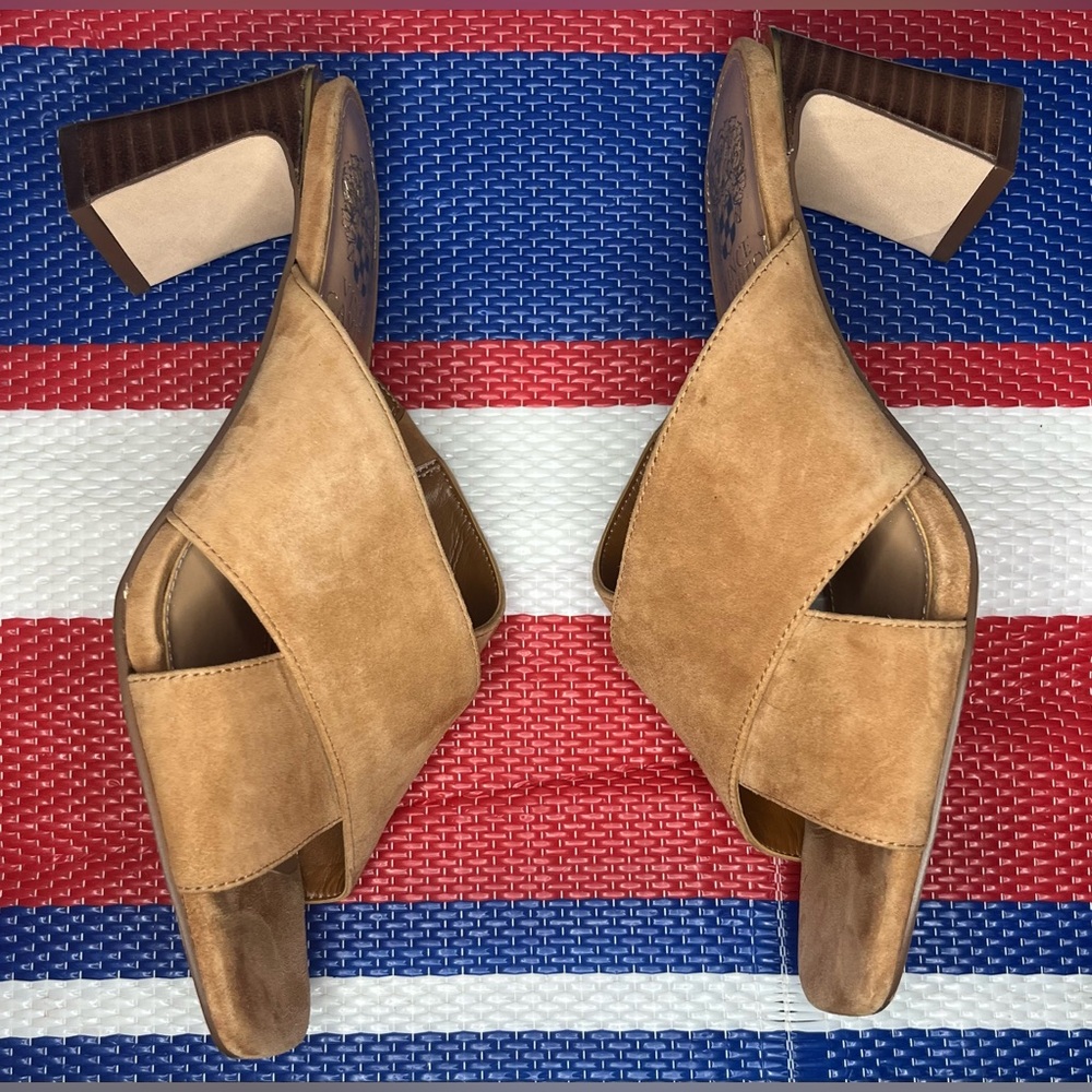 NWOT Vince Camuto Slip On Suede Criss Cross Stap Tan Women's Block Heels Mules 8 - Picture 14 of 16